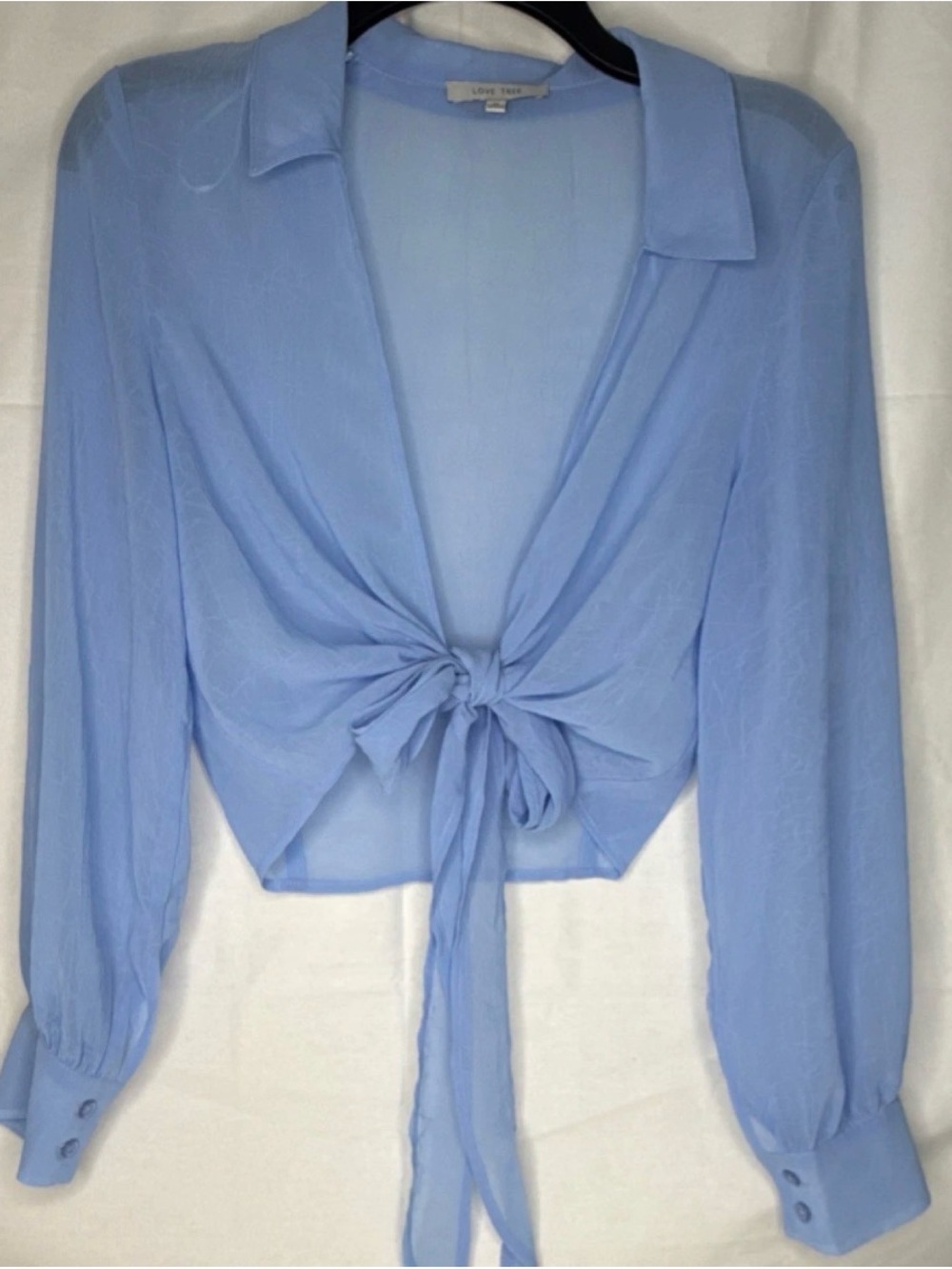 Love Tree Pale Blue Tie-Front Sheer Button Cuff Blouse